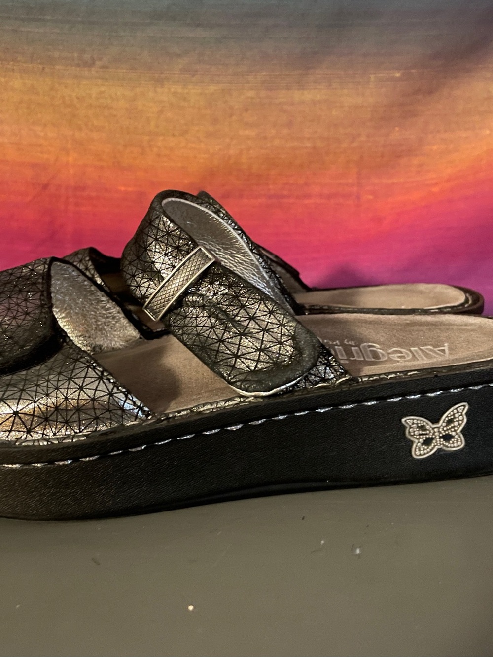 Alegria Black Metallic Geometric Slide Sandals